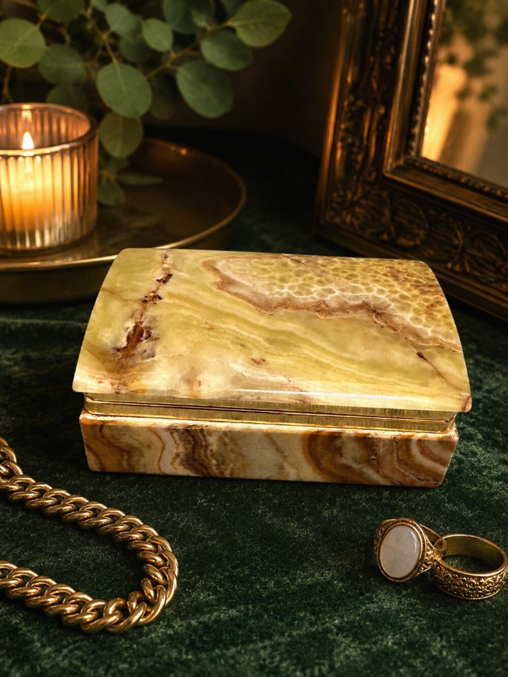 Vintage Onyx Marble  Hollywood Regency Stone Trinket Jewelry Keepsake Box Lid